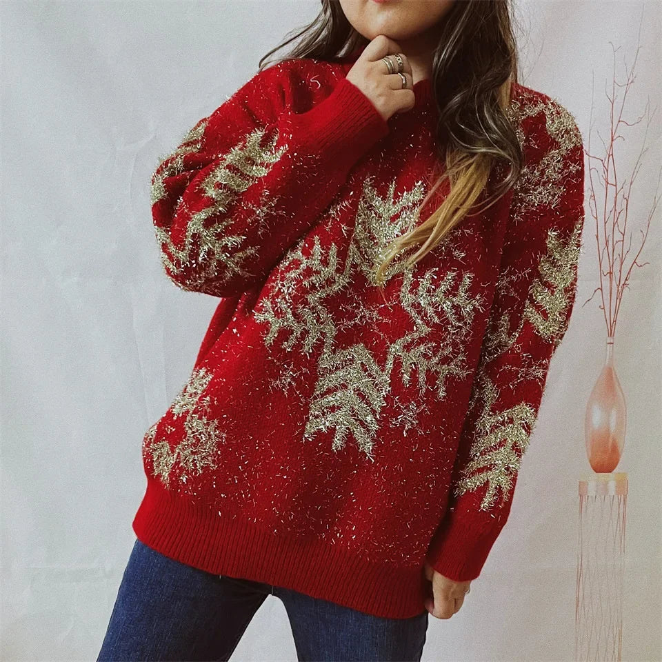 Loose-fit Line Big Snowflake Christmas Sweater Women's Pullover Thickened Crew Neck Sweater