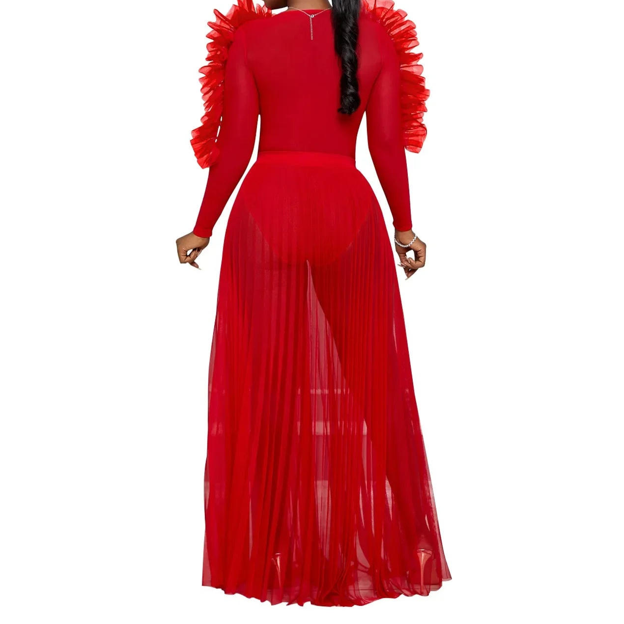 Women Selvedge Ruffles Full Sleeve V-neck Long Maxi Dress Birthday Mesh See Through Party Evening Dress