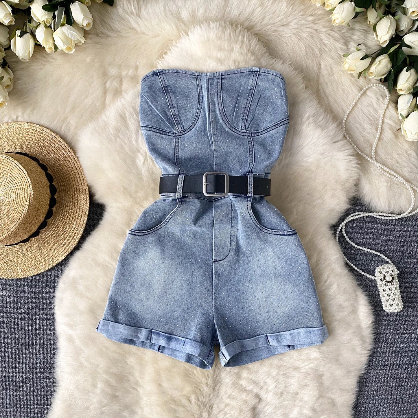 Women Denim One Pieces Summer Playsuit High Waist Slim Sleeveless Strapless Sashes Outfits