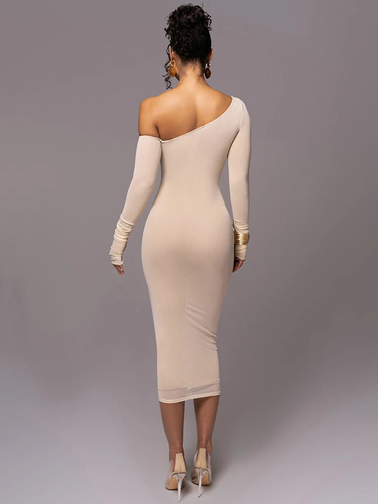 Diagonal Collar Long Sleeve Midi Bodycon Dress For Women Two Layer Mesh