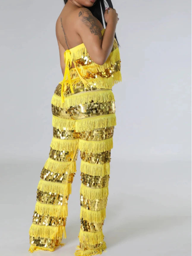 New Luxury Sequin Tassel Women Sleeveless Strapless Crop Tops and Wide Leg Pants Two 2 Piece Birthday Matching Sets