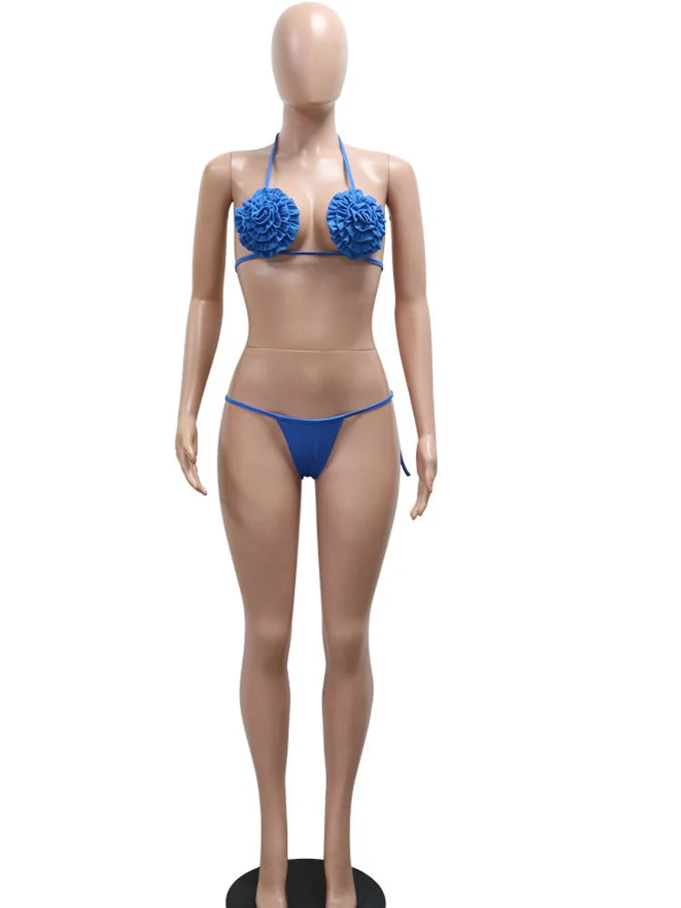 Women's Royal Blue 3D Flower Bikini Set 3 Pieces Outfits Summer Sheer Mesh Beach Cover-Up Set Swimsuits