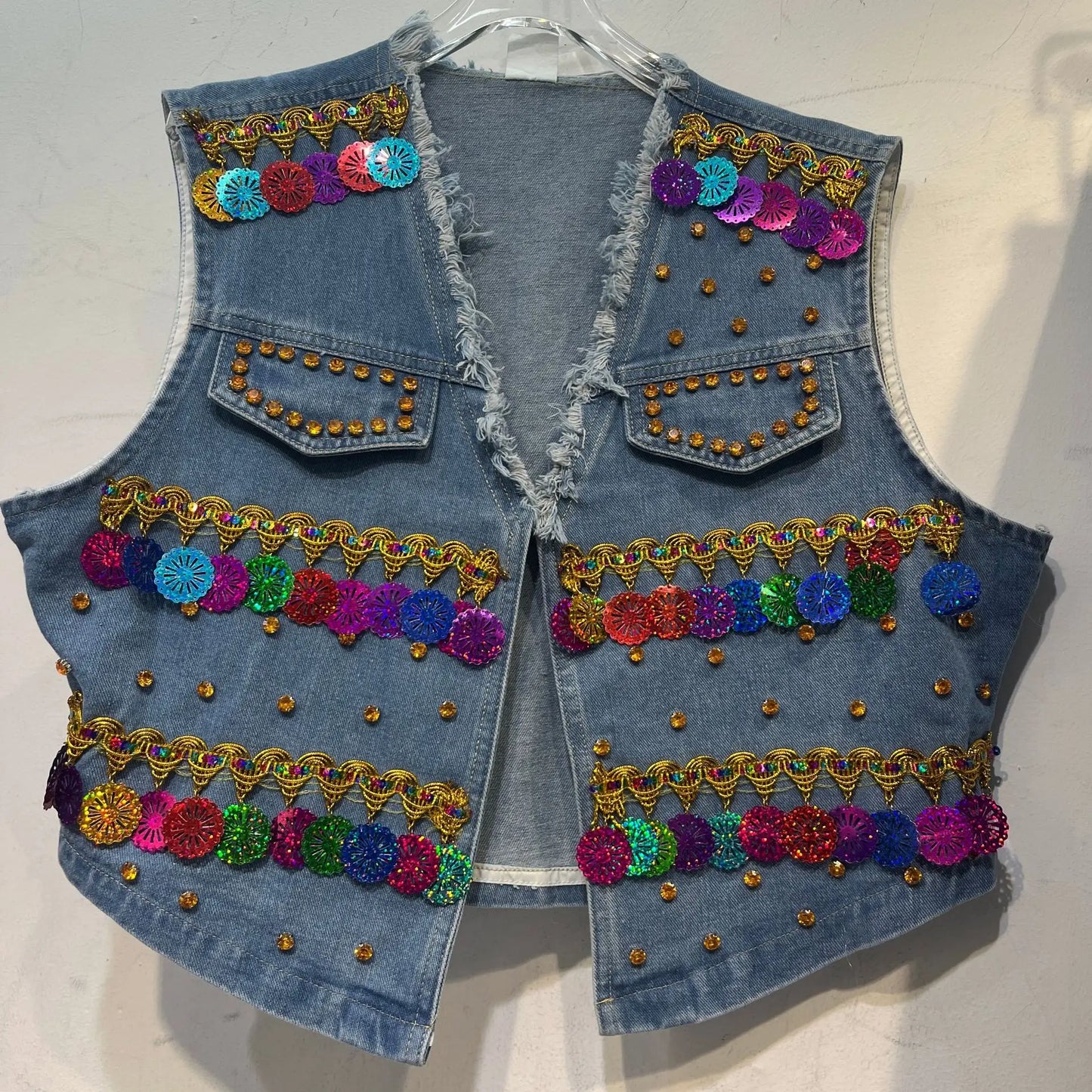 Sequined Denim Rhinestones Jeans Sleeveless Cowboy Vest + Jeans Pants