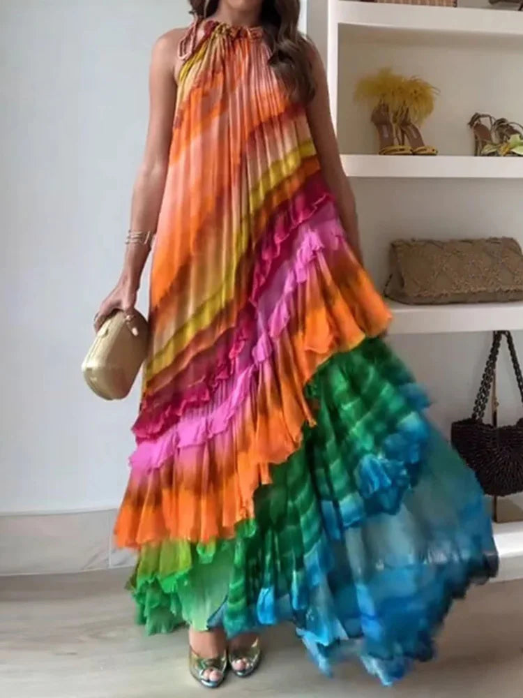 Women Elegant Sleeveless Holiday Print Ruffles Patchwork Maxi Dress
