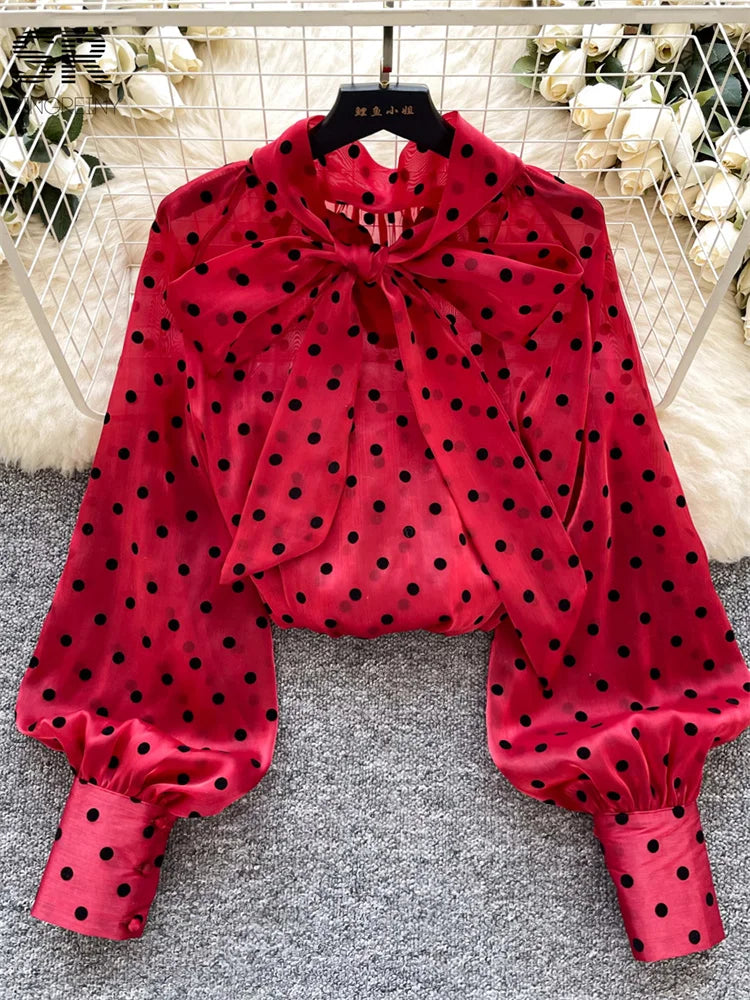 Vintage Polka Dot Tops Puff Sleeve Bow Lace Up Design Blouse