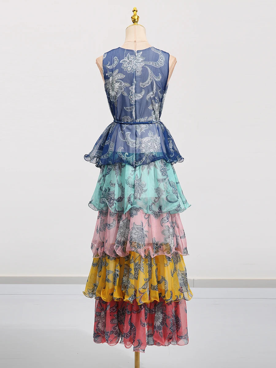 Colorful Print Ruffle Maxi Dress Spliced Lace Up Robe for Women Round Neck Sleeveless High Waist Patchwork Ruffles Dress