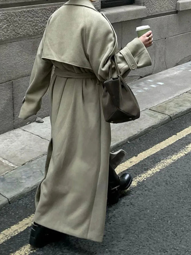 Urban Solid Double Breasted Long Women Coat Loose Full Sleeve Belt Double Breasted Jacket