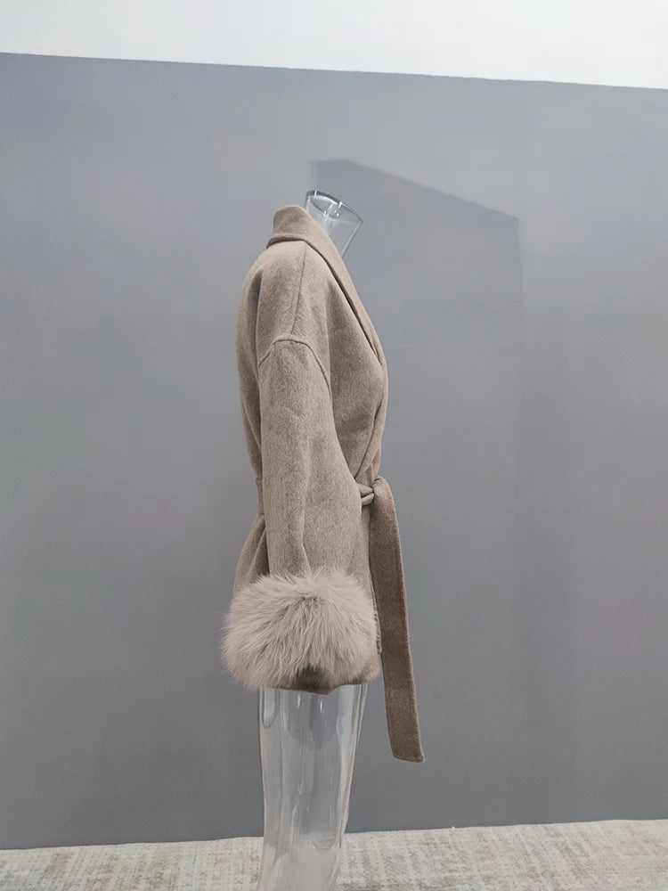 Women Overcoats Fur Patchwork Long Sleeve Woolen Coat