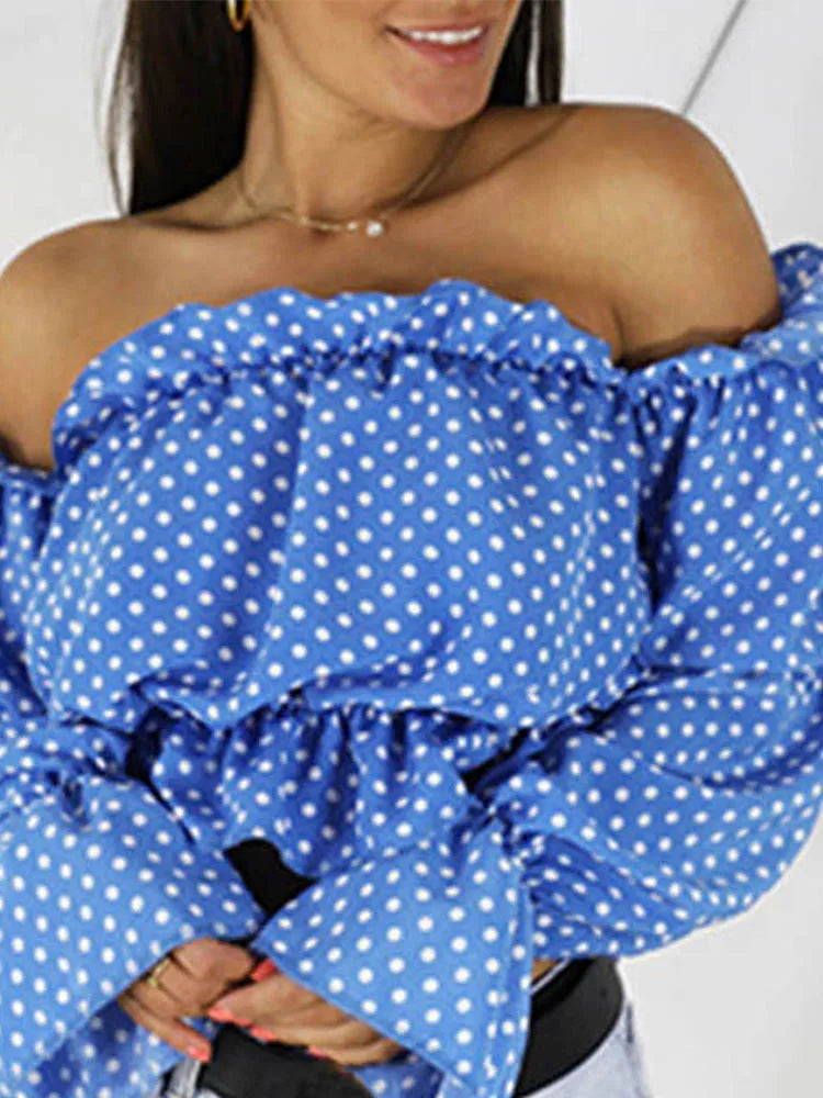 Candy Color Off Shoulder Crop Tops women Summer lantern sleeve blouse