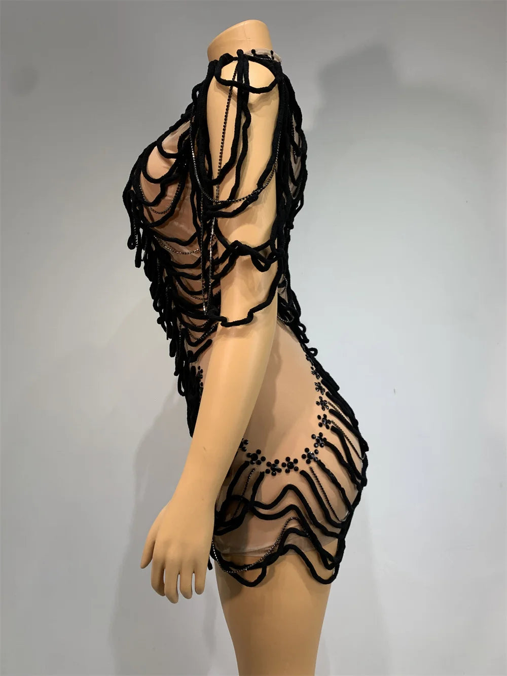 Mesh Rhinestones Chain Mini Dress Nightclub Party Performance Outfit