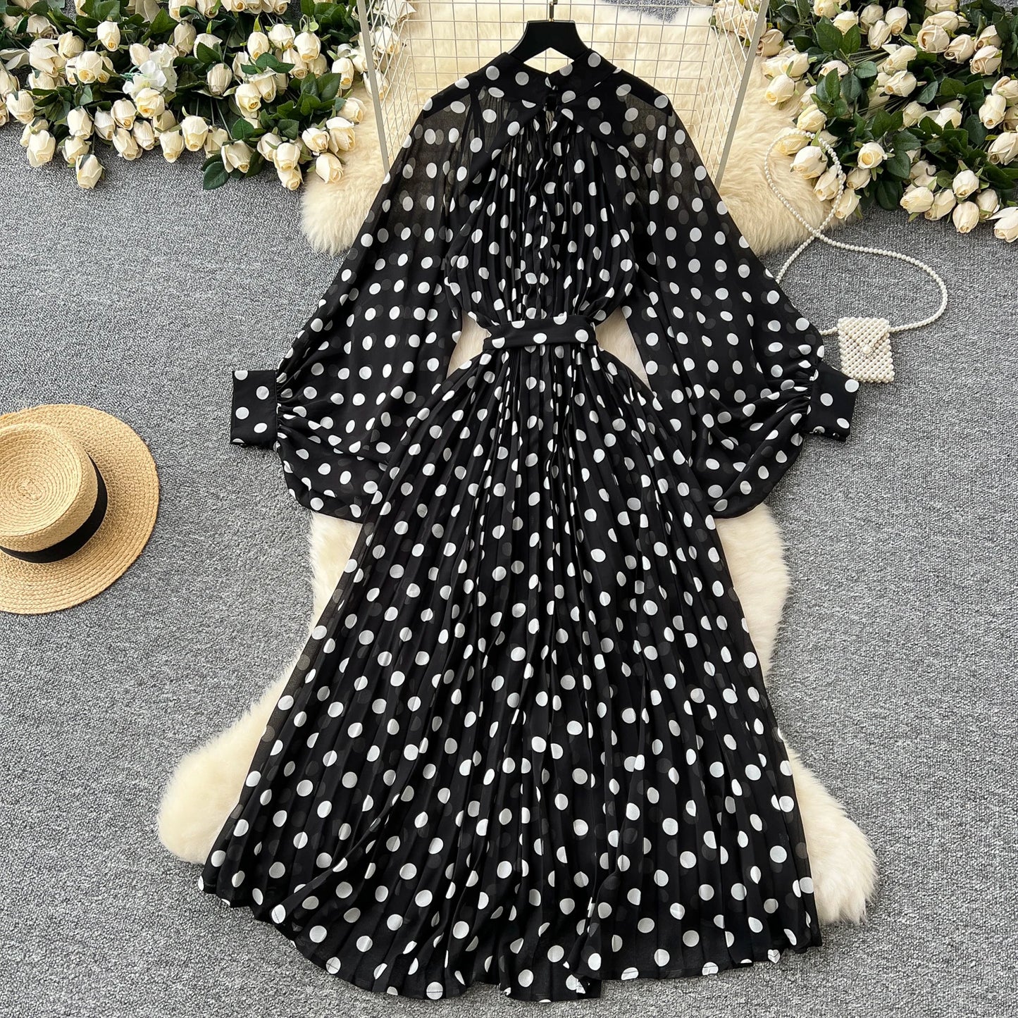 Women Elegant Long Flare Sleeves Vintage Bow neck Bow Loose Midi Dress