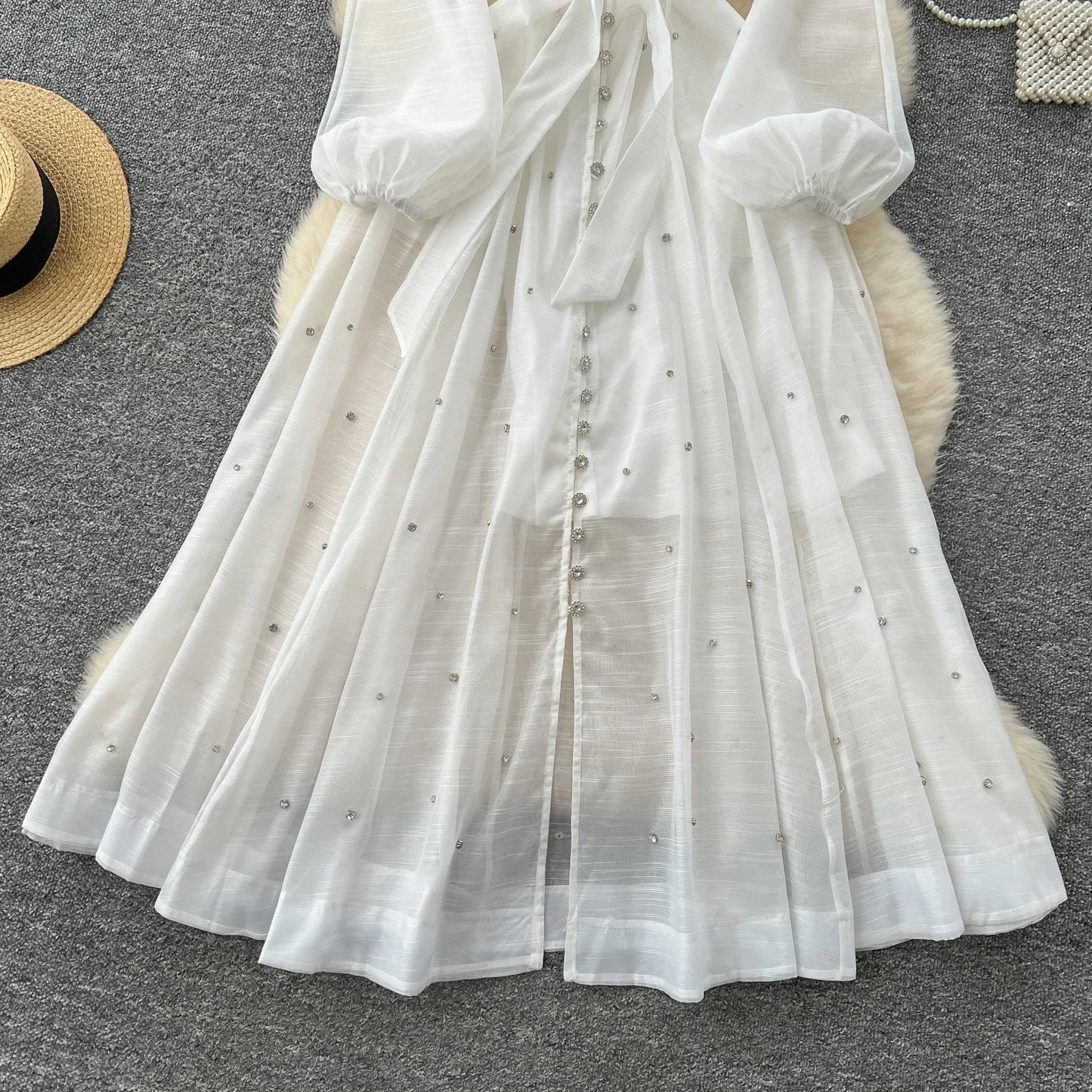 Elegant Lantern Sleeves Vintage Stand Collar Chic Single Breasted Rhinestone Bandage Slim High Street Long Dresses