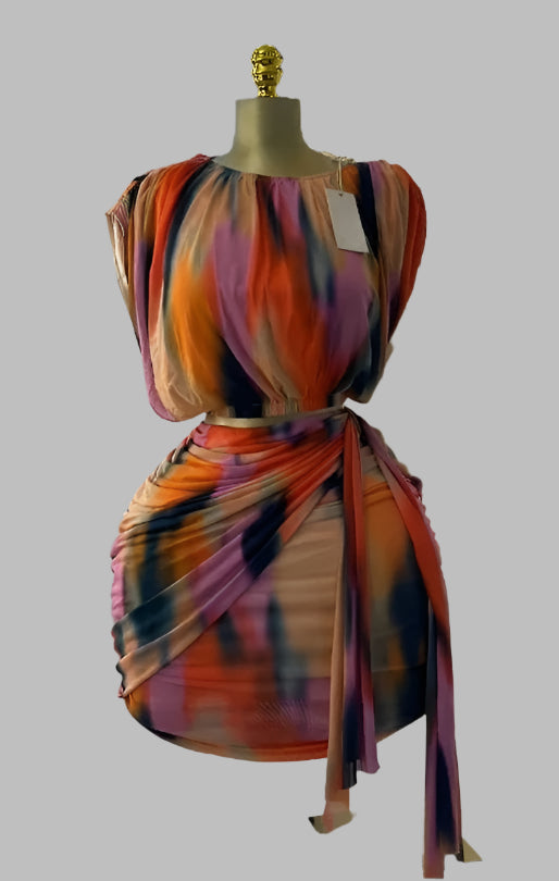 Tie Dye Printed Women's Set Short Sleeve Tops and Stacked Mini Skirts two 2 Piece Sets