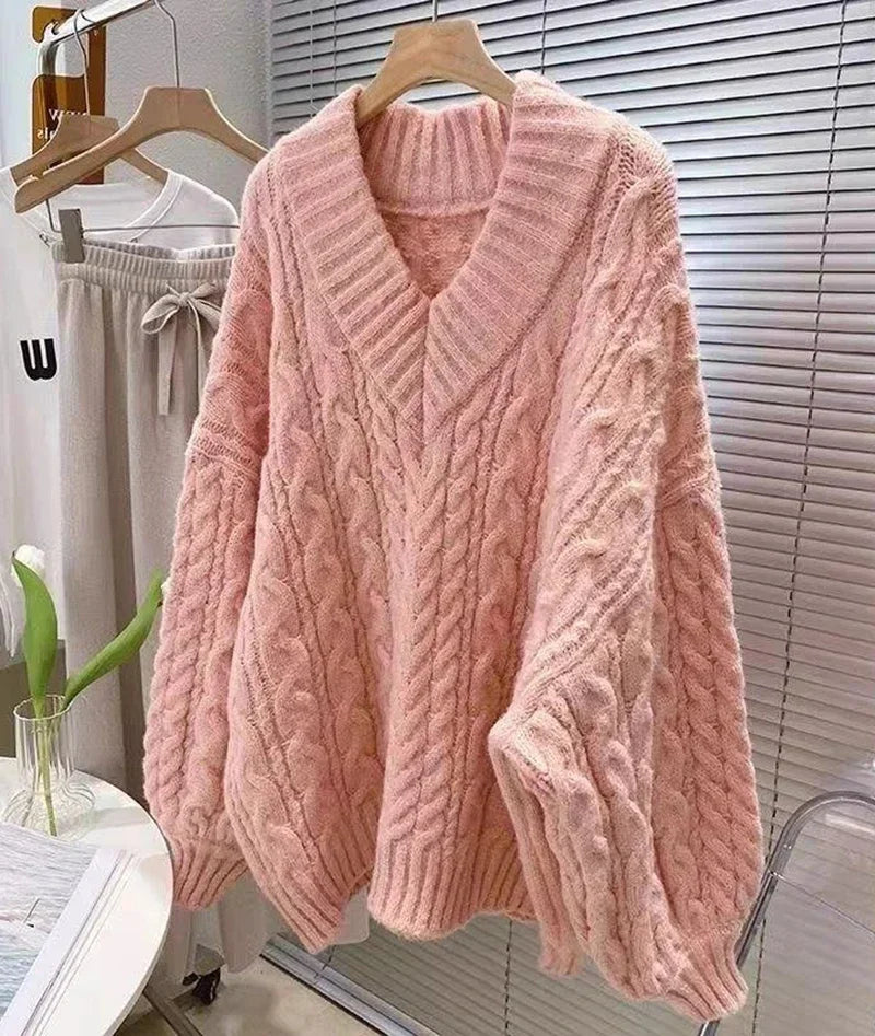 Lantern Sleeve Knit Sweater Women Korean Solid Twist V-Neck Pullover Jumper