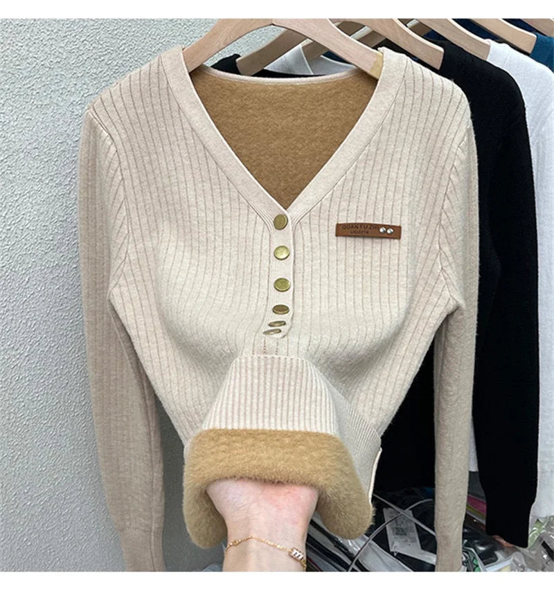 Thick Velvet V-neck Sweater Women Korean Fashion Lined Warm Knitted Pullover