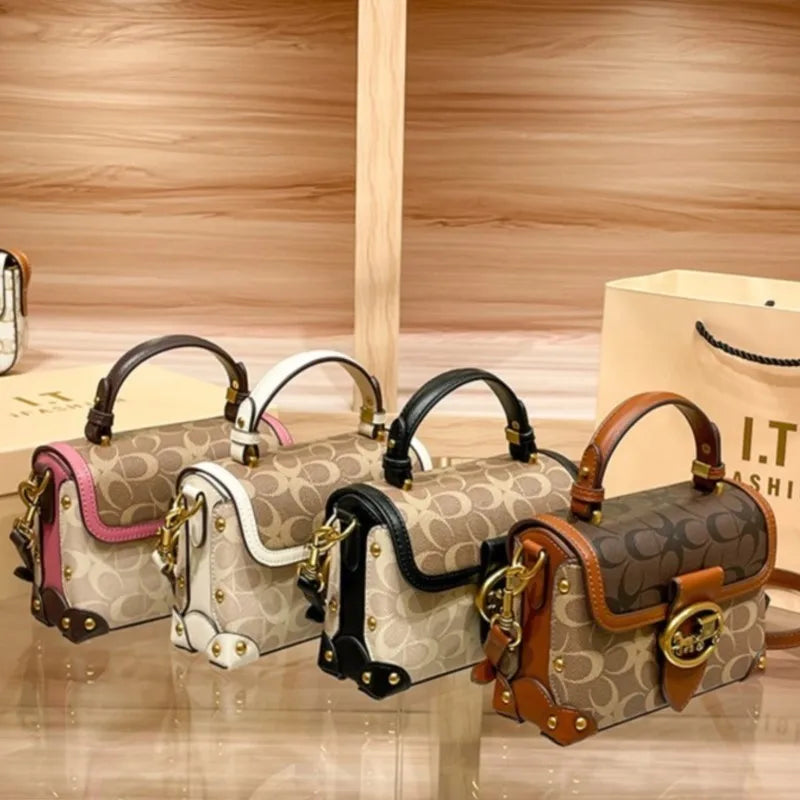 contrasting color women's bag, high-end carriage crossbody bag, portable box bag
