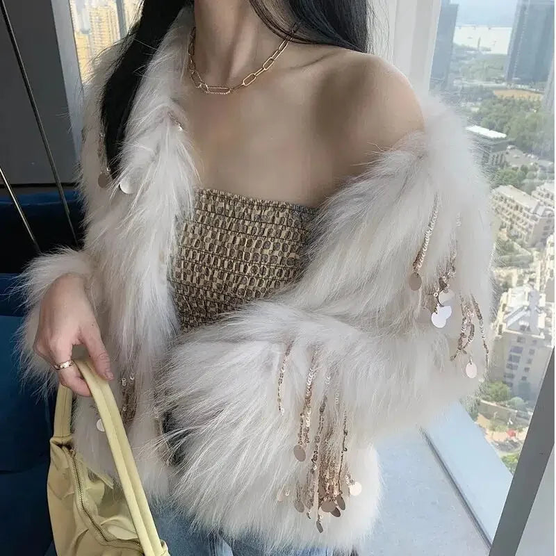 Faux Fur Grass Sequined Tassels Coat Women's Short Beaded Fringed Bomber Jacket