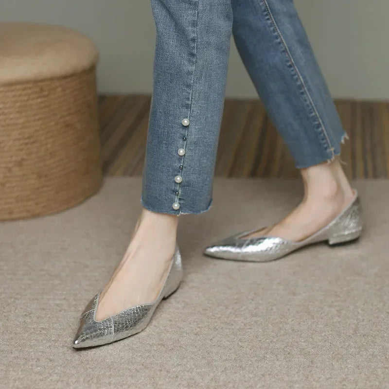 French Pointed Leather Shoe Simple Comfort Sheepskin Elegant Low Heel Shoes
