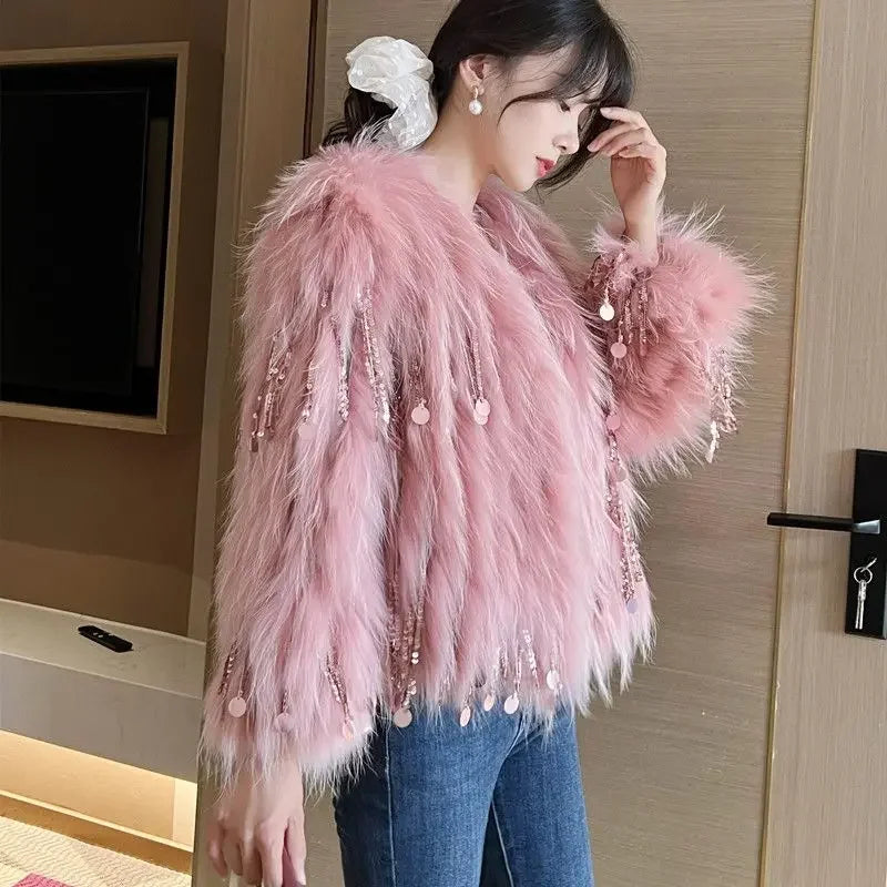 Faux Fur Grass Sequined Tassels Coat Women's Short Beaded Fringed Bomber Jacket