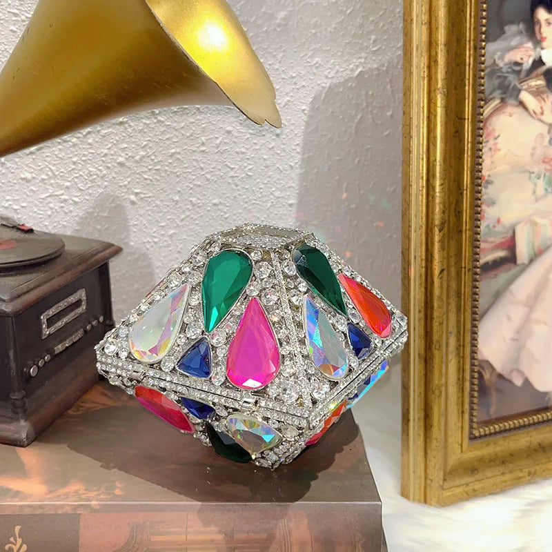 Luxury Glitter Metal Box Women Handbag Crystal Clutch Purse
