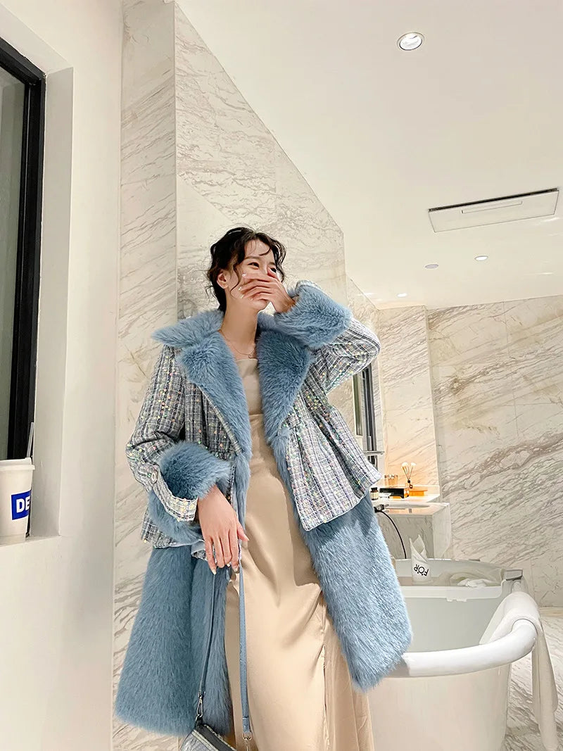 Winter Fur Coat Women Luxury Sequined Wool Faux Fur Long Jacket Fluffy Overcoat
