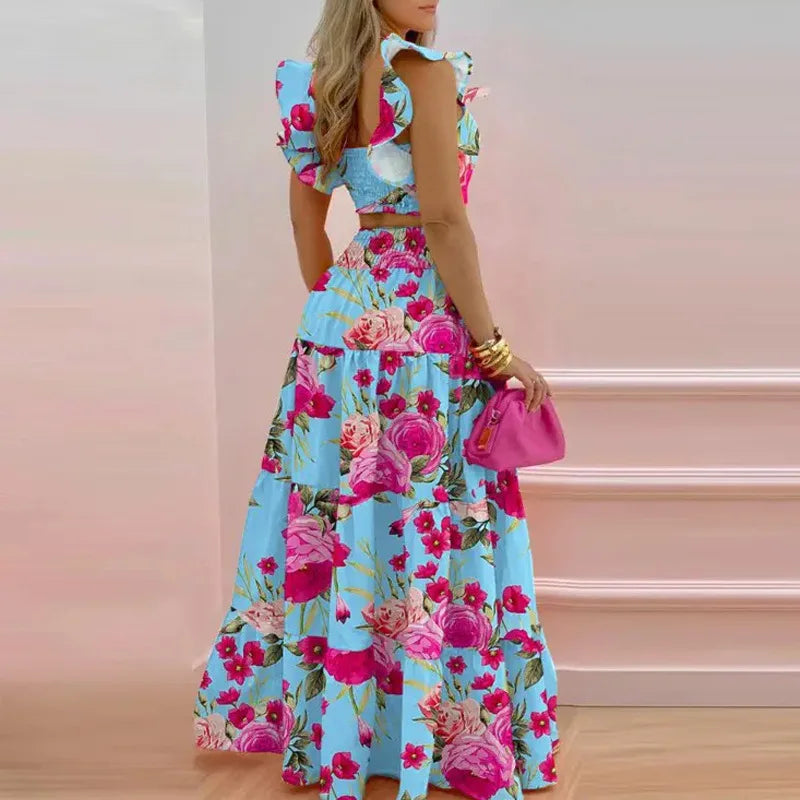 Y2k Two Piece Set Elegant Sexy Collage Sleeveless Top and Maxi Skirt Set