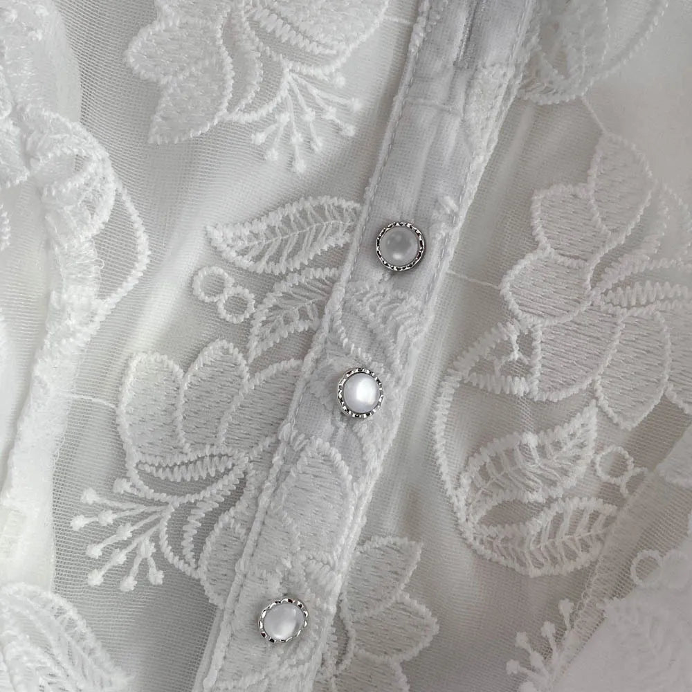 Women Vintage Lace White Dress Turn Down Collar Puff Sleeve Mini Dress