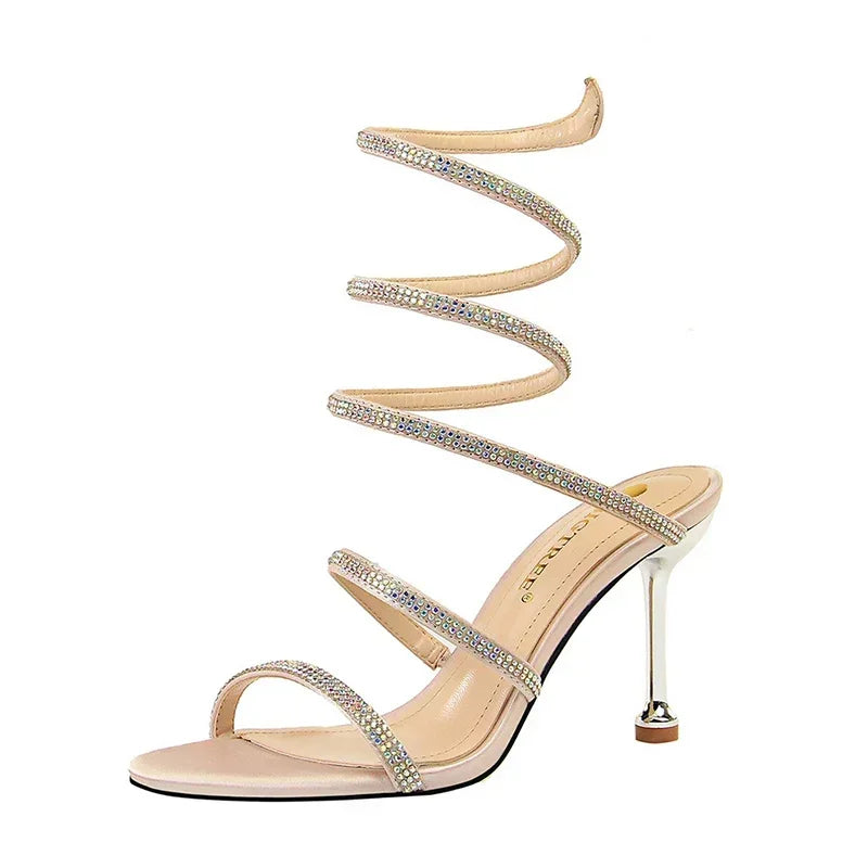 Women Luxury Party 8.5cm High Heels Summer Sexy Nightclub Sandals Female Red Green Ankle Strappy Roman Gladiator Crystal Sandles