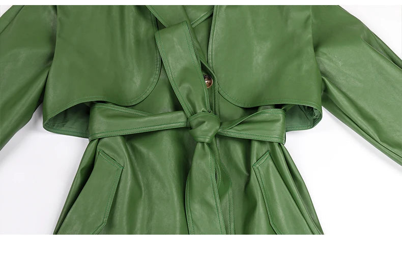 Long Green Pu Leather Trench Coat for Women with Back Slit Sashes Single Breasted