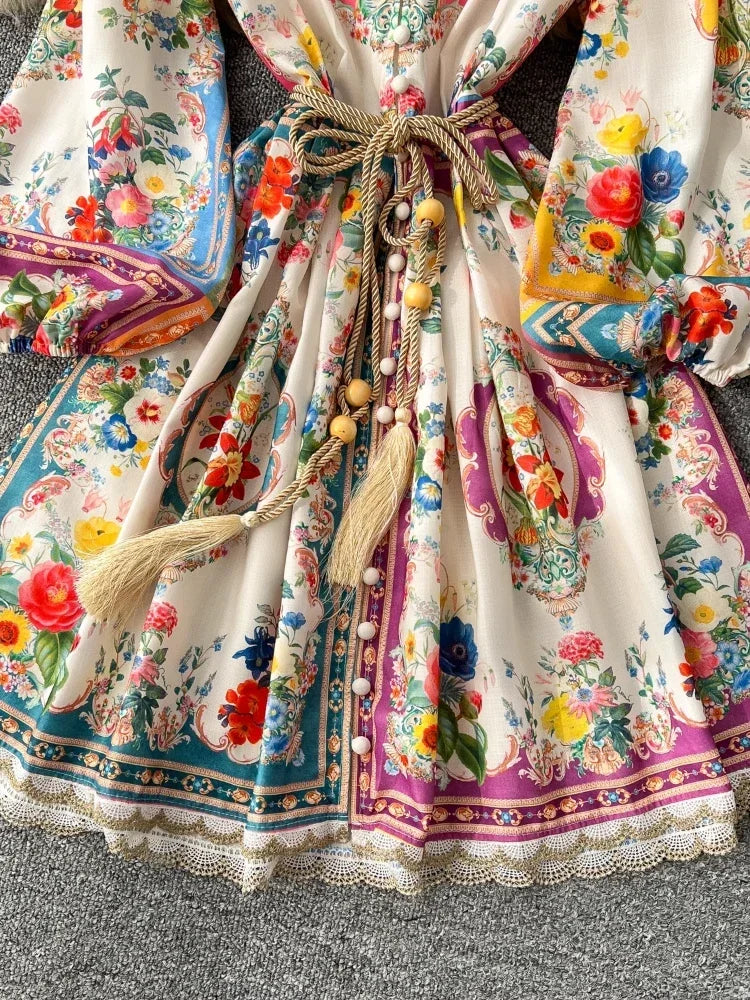 Elegant Vintage Luxury Evening Dress Women Print Sashes Button Short Party Dress Female Casual Holiday Clothing