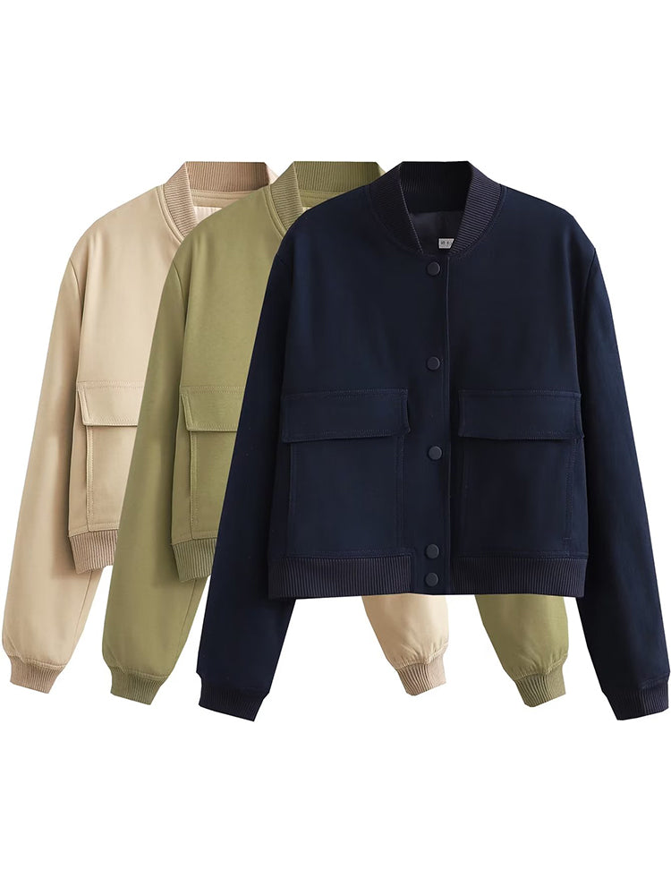 Solid Bomber Jackets Coat With Pockets V-Neck Single Breasted Long Sleeves Jacket