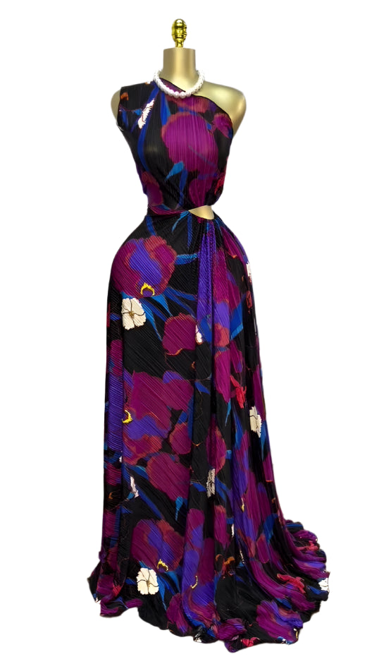 Women Floral Printed One Shoulder Skew Neck Cutout Waist Pleated Maxi Long Dress Birthday Outfit
