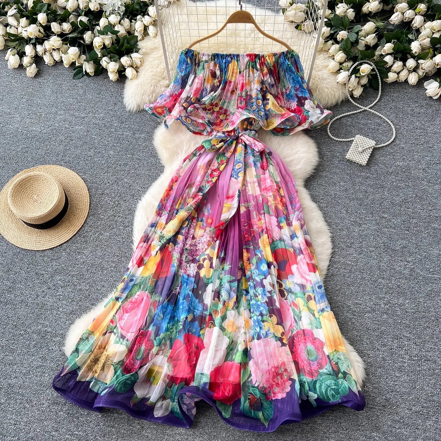 Off Shoulder Gorgeous Flower Holiday Dress Women's Wedding Guest Ruffles Batwing Sleeve Midi Dress