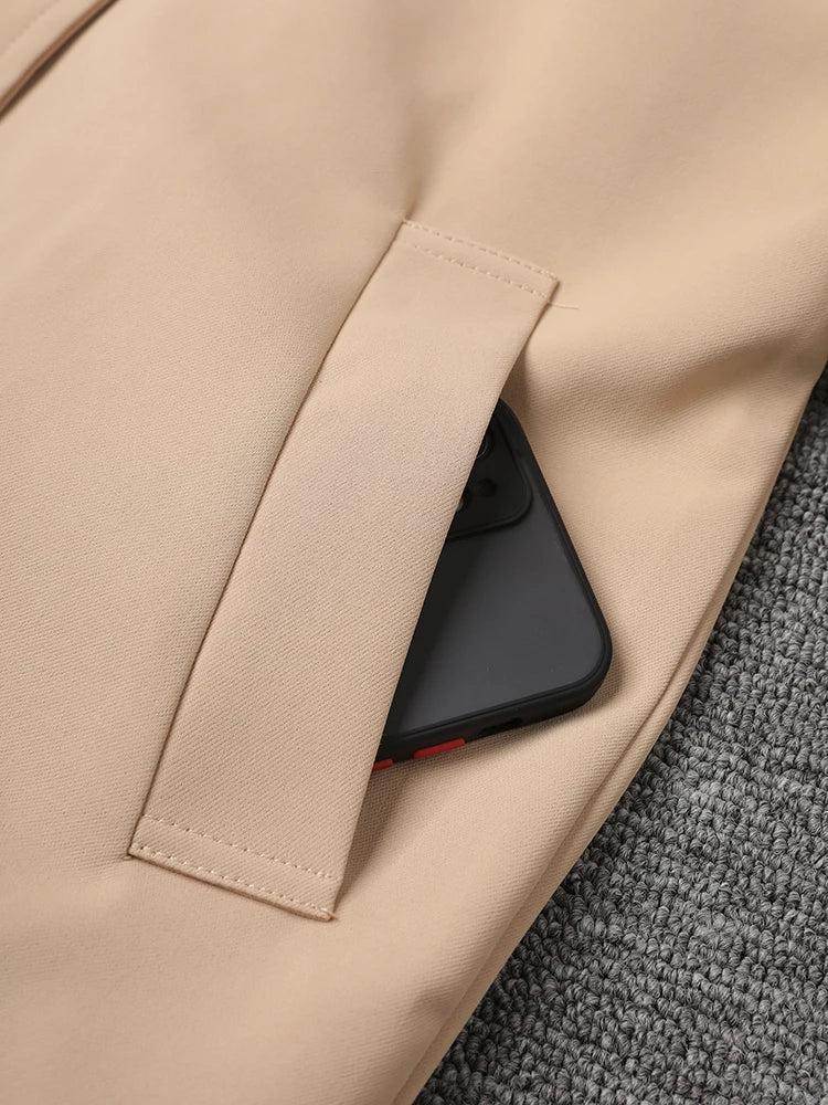Women Khaki Pleated Elegant Trench New Lapel Long Sleeve Windbreaker Trench Coat