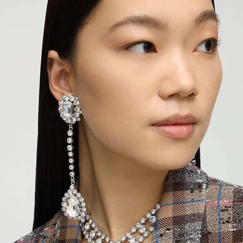 Luxurious Shiny Rhinestone Long Oval Earrings for Women