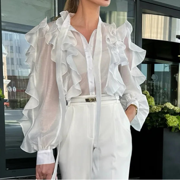 Women Ruffles Shirt Blouses Office Wear Long Lantern Sleeves Sheer Mesh Fabric Blouse