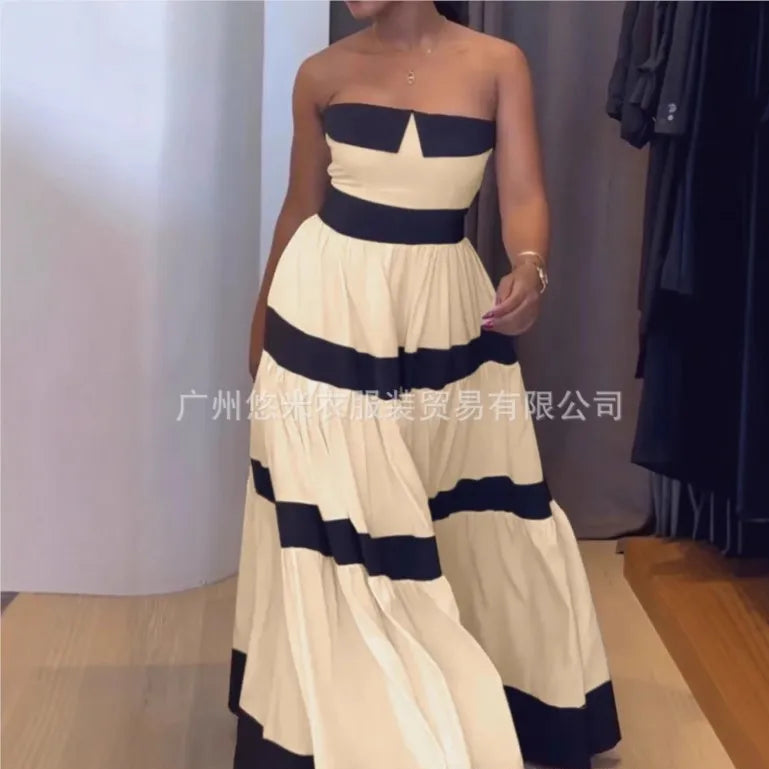 Women Fashion New Elegant Long Dress Patchwork Bowknot Strapless Sleeveless Backless High Waist Stripes Long Dress Party Female