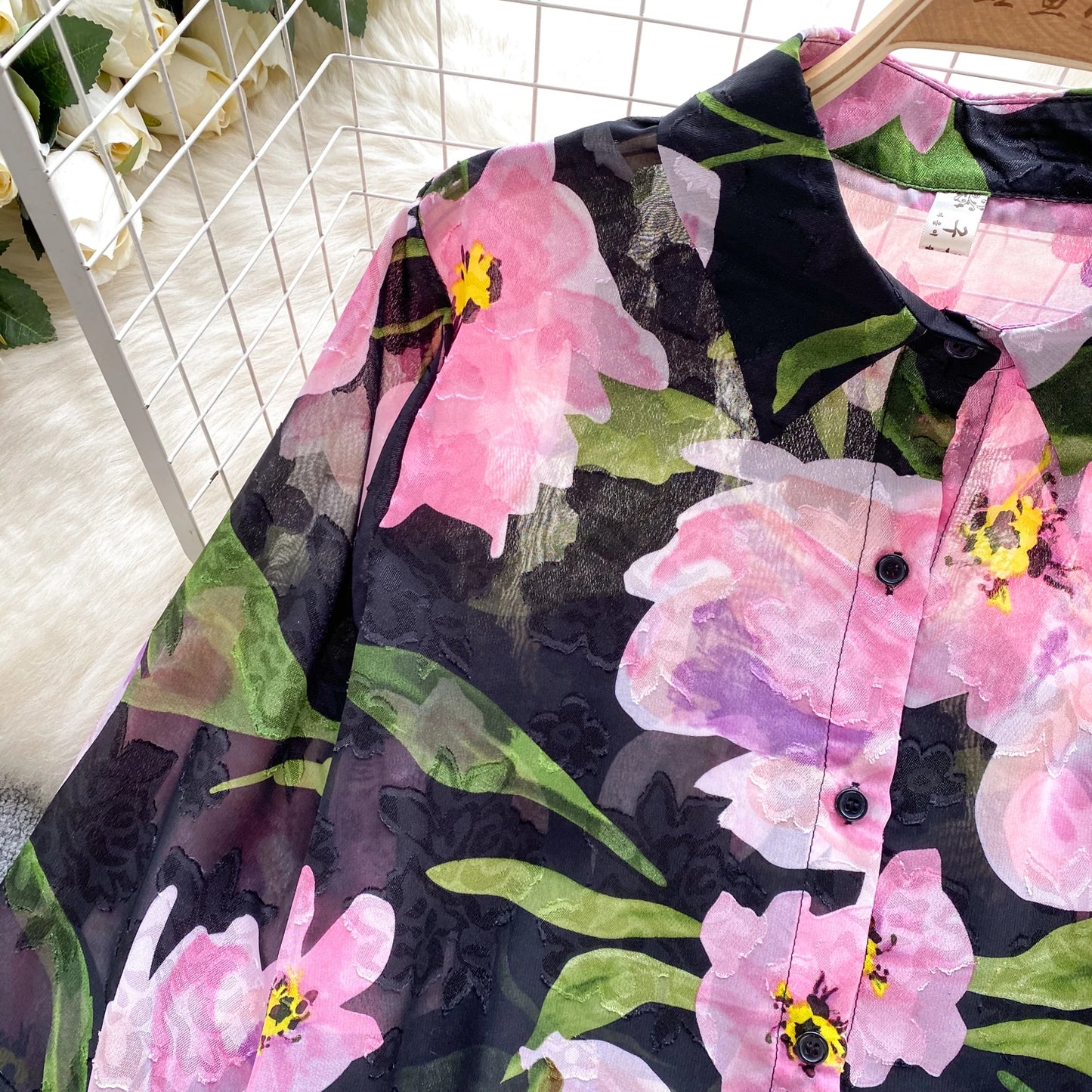 Floral Print Women Shirt Summer Lantern Sleeve Retro French Loose Blouse