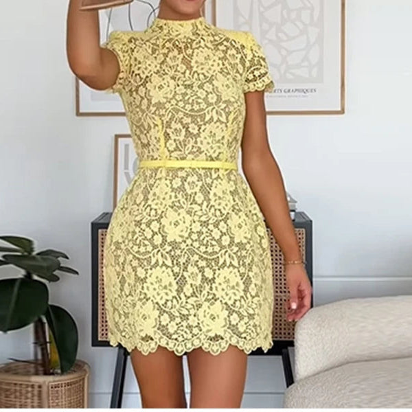 Sexy Lace Printed Women's Dress Elegant O-neck Short Sleeve High Waist Mini Dress
