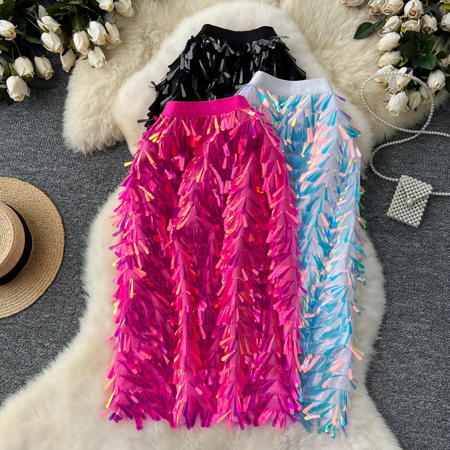 Women Chic sequin Skirt High Waist Elegant Korean Fashion vintage Hip Skirt