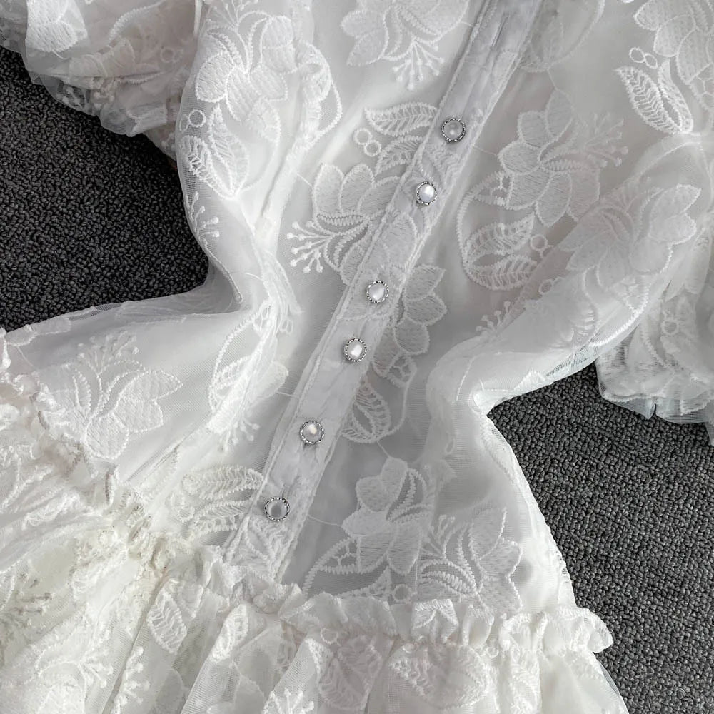 Women Vintage Lace White Dress Turn Down Collar Puff Sleeve Mini Dress