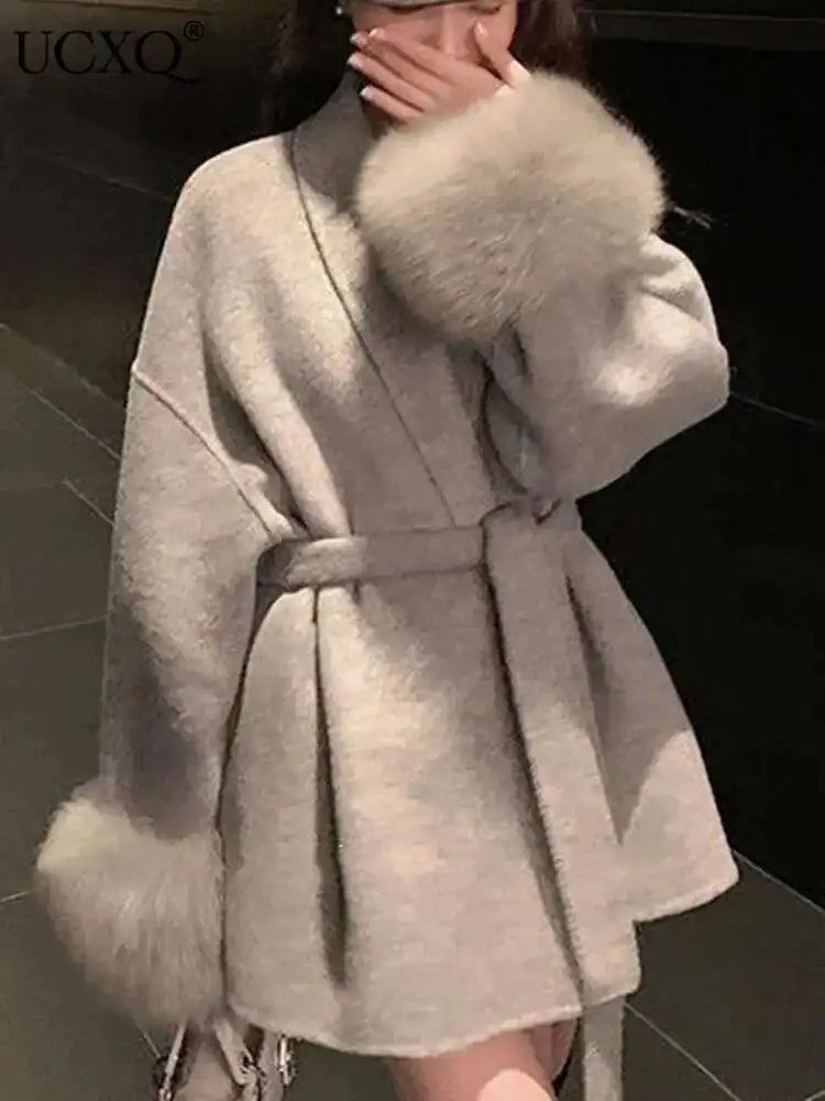Women Overcoats Fur Patchwork Long Sleeve Woolen Coat