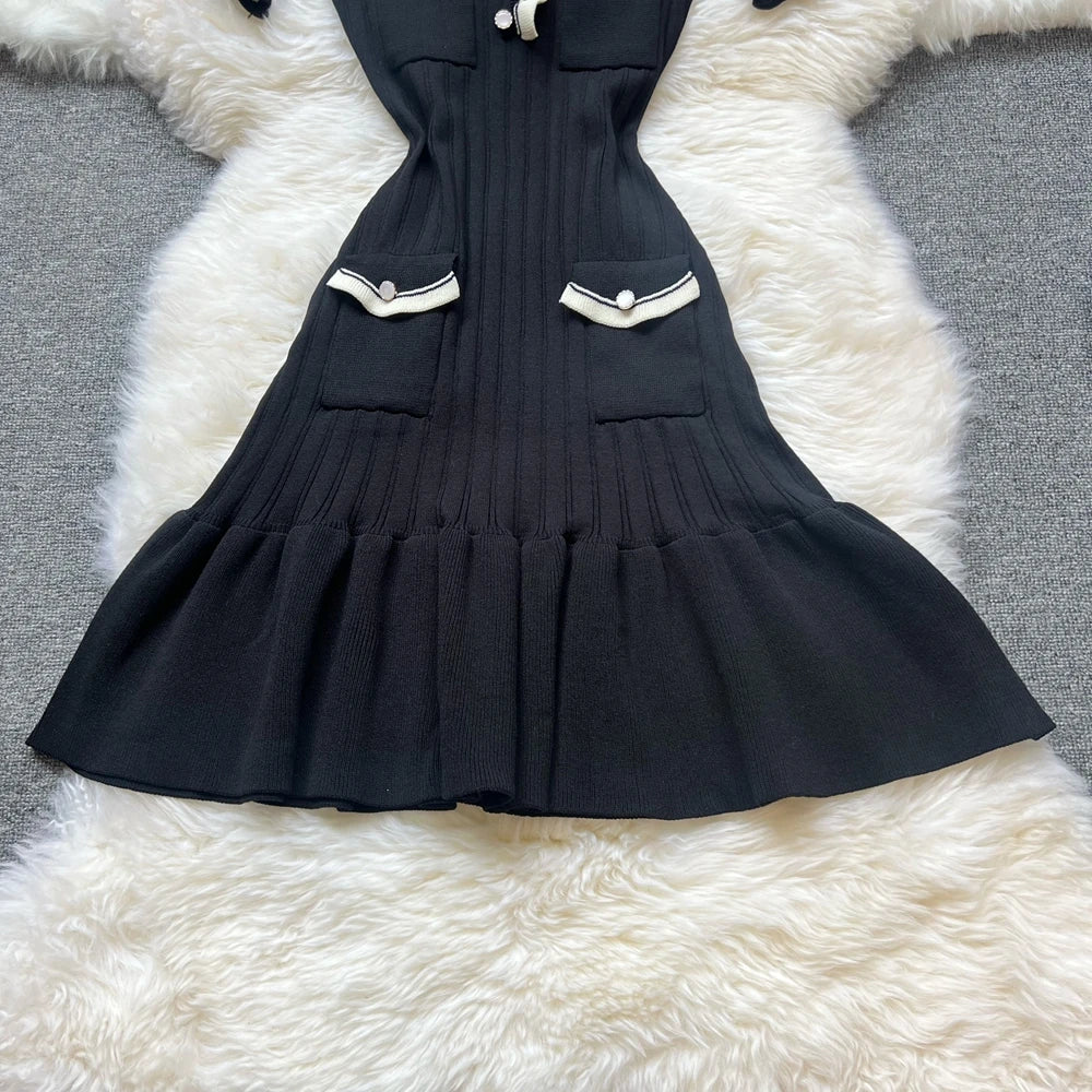 Chic Knitted Mini Dress Elegant Black Ruffled Party Dress