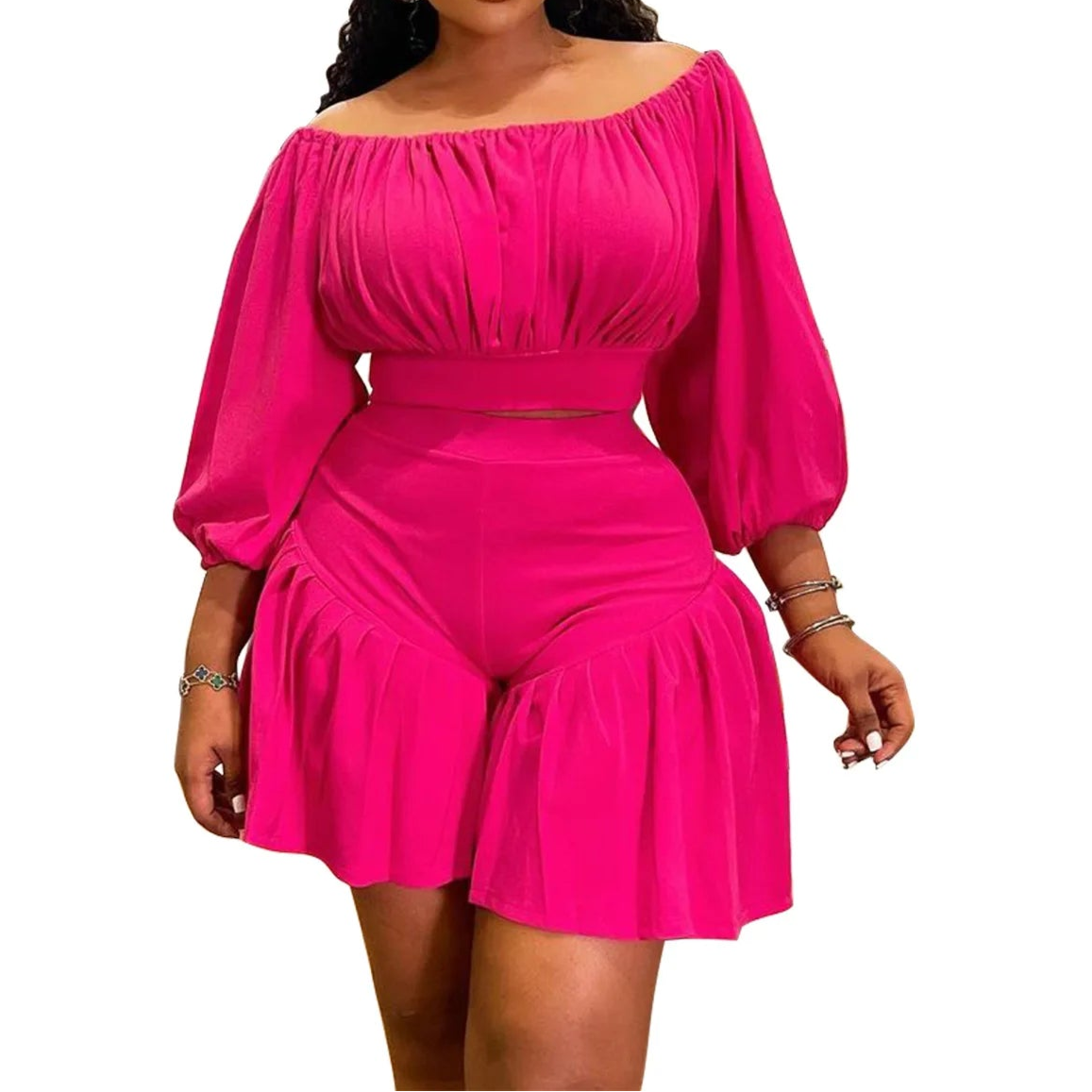 Plus Size Women's Set Long Sleeve Slash Neck T-Shirt and Shorts Summer Two 2 Piece Set