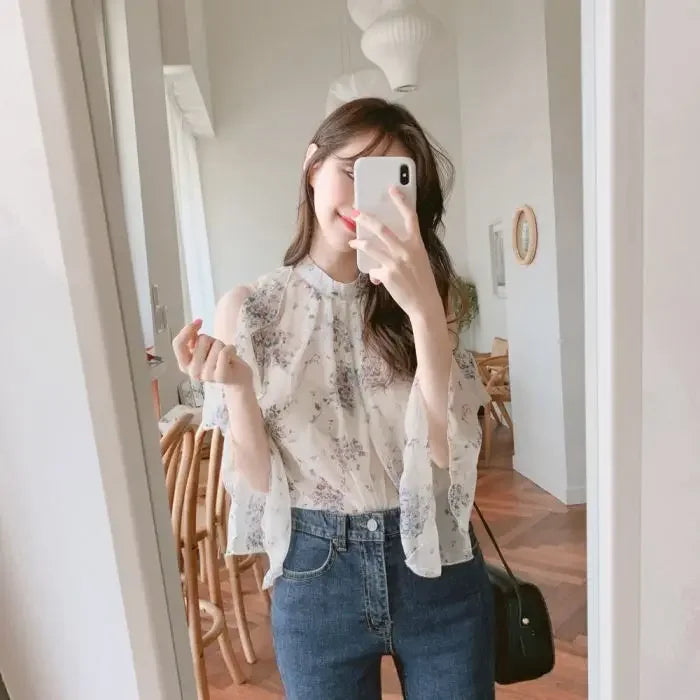 Floral Chiffon Shirts & Blouses For Women Off Shoulder Woman Top