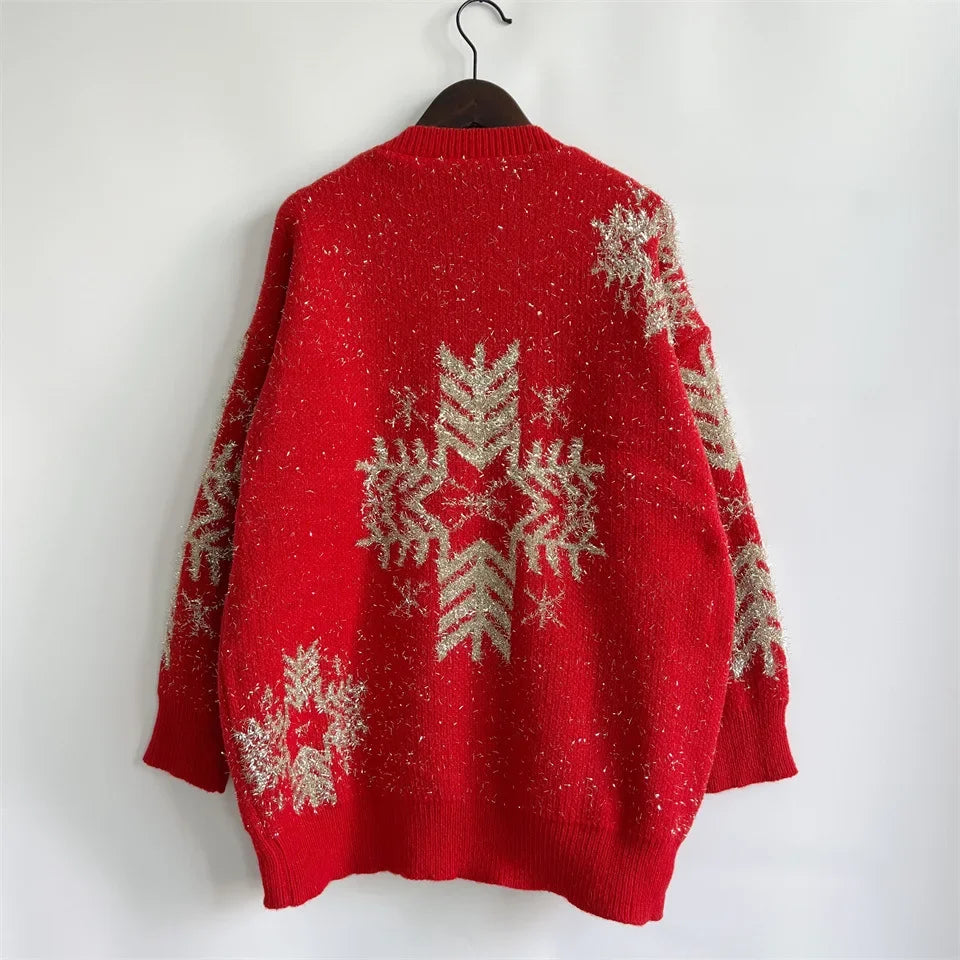 Loose-fit Line Big Snowflake Christmas Sweater Women's Pullover Thickened Crew Neck Sweater