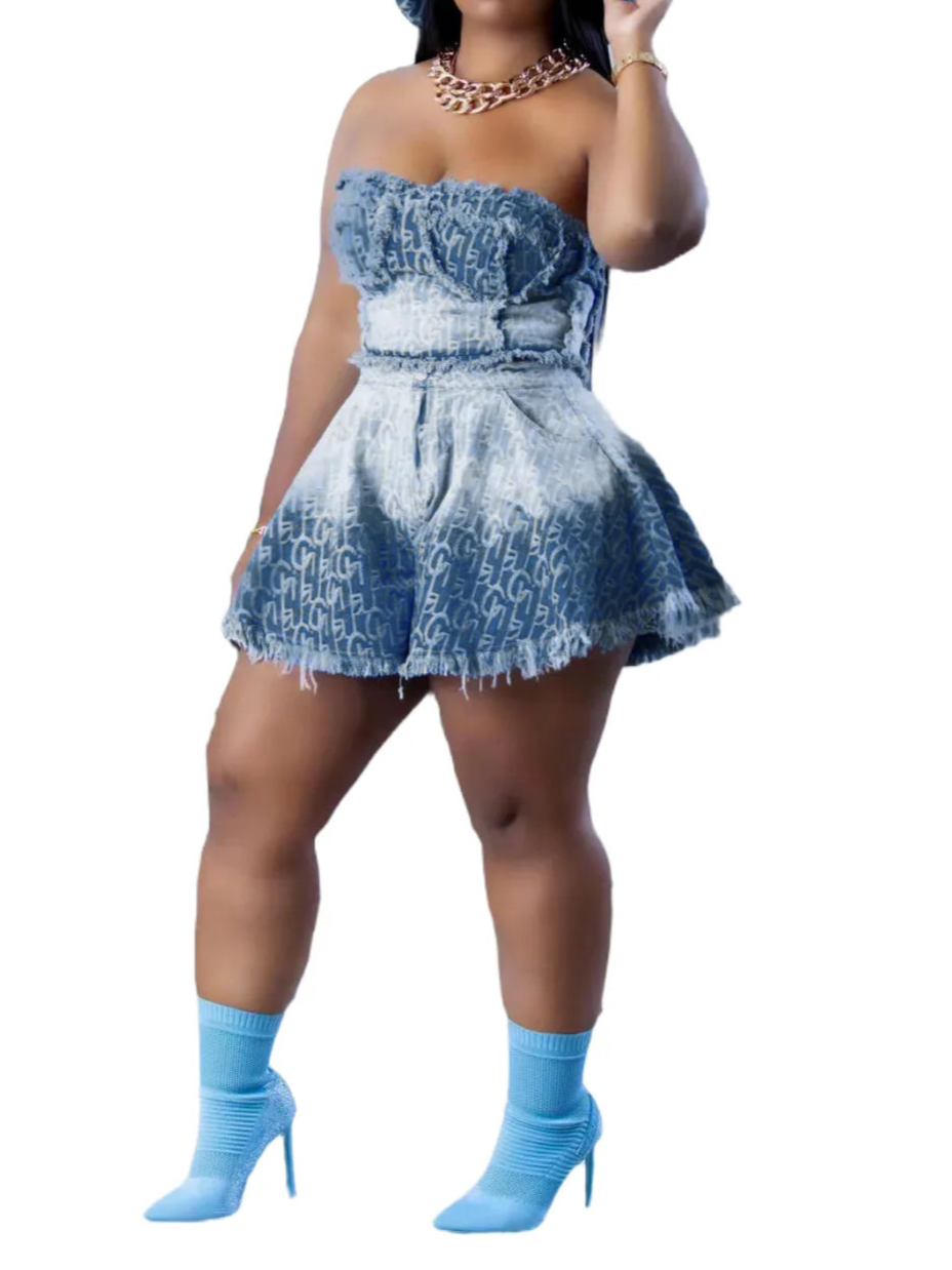 Denim Women Skirts Two Piece Sexy Strapless Short Tops Print Ensemble Backless Pockets Hem Skirt Female Streetwear 2 Piece Sets