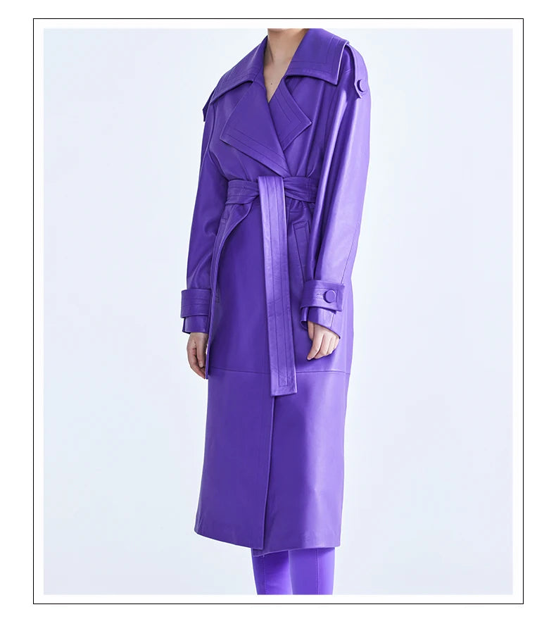 Elegant Purple Colored Faux Leather Trench Coat for Women Sashes Runway Coat