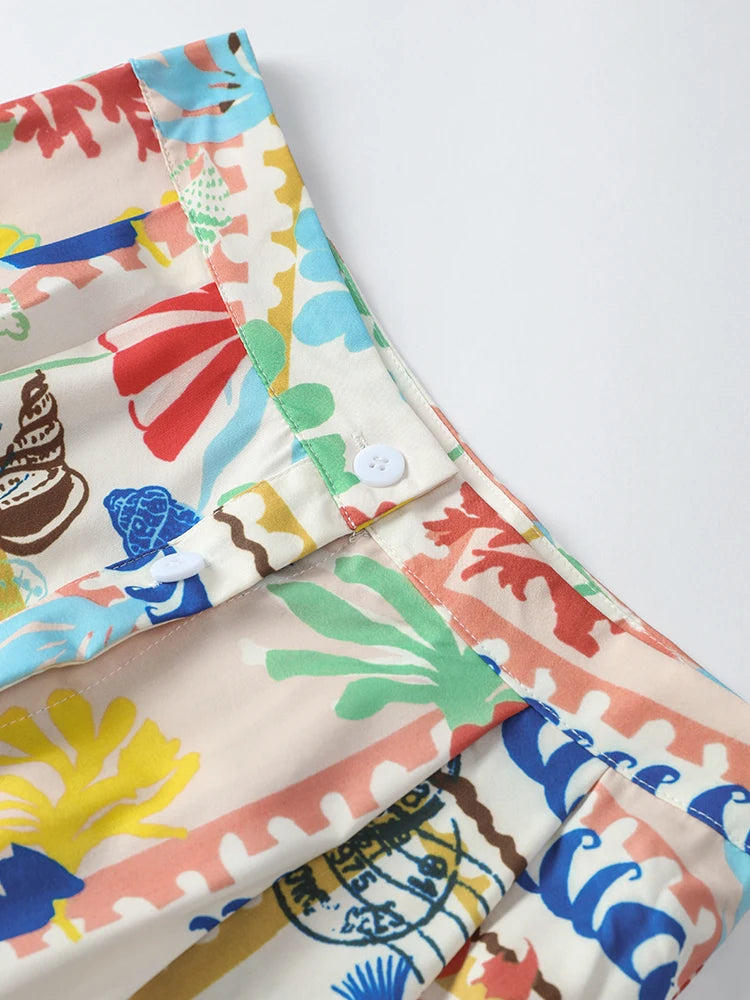Colorful Printed Suspenders Skirt Set Women Patchwork Quilted High Waist Skirt Two Piece Summer