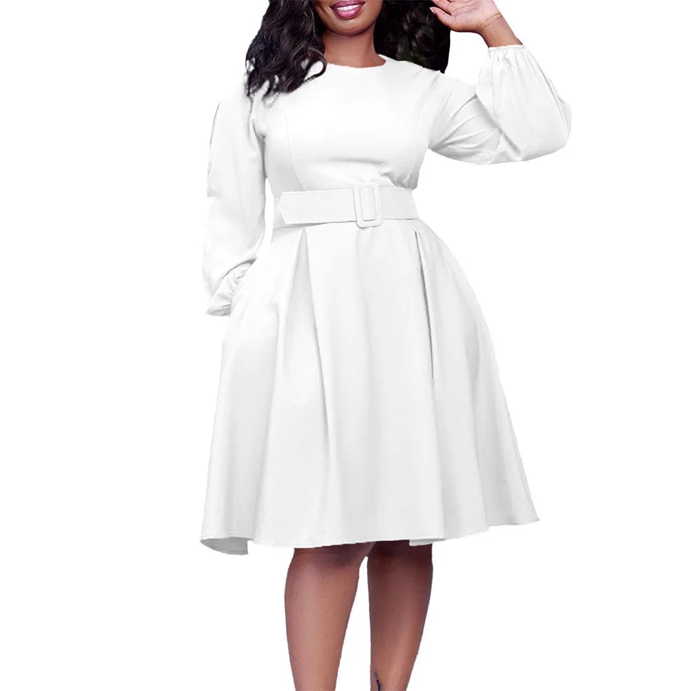 Elegant Office Dresses Women O Neck Full Sleeve Belt Waisted Pleated A Line Mid Calf Formal Female Business Work Wear Dress Midi